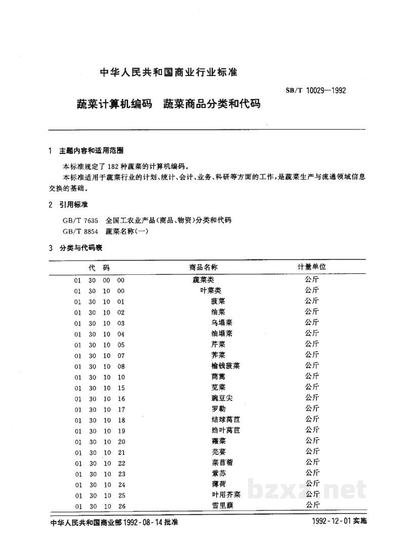 SB/T 10029-1992蔬菜计算机编码蔬菜商品分类和代码 SB/T 10029-1992蔬菜计算机编码蔬菜商品分类和代码