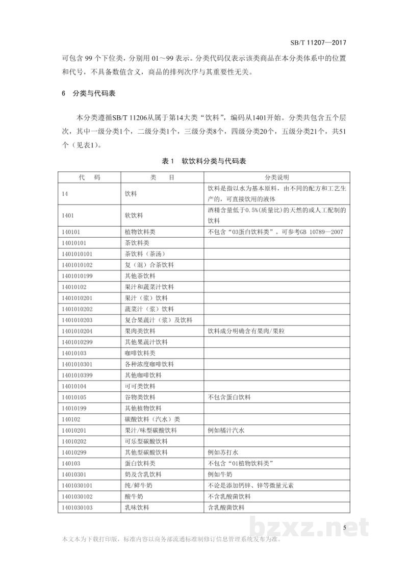 SB/T 11207-2017流通业商品分类与代码——软饮料 SB/T 11207-2017流通业商品分类与代码——软饮料