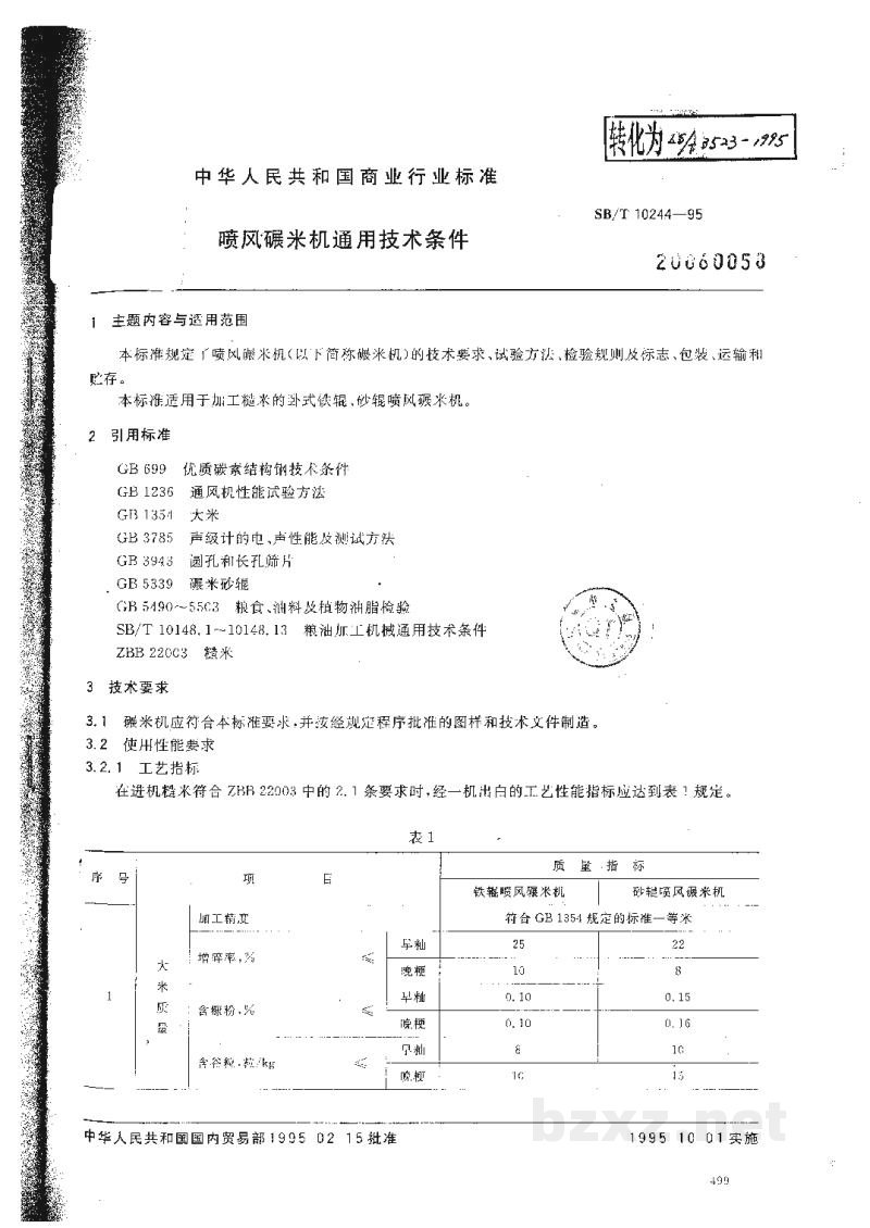 SB/T 10244-1995喷风碾米机通用技术条件 SB/T 10244-1995喷风碾米机通用技术条件