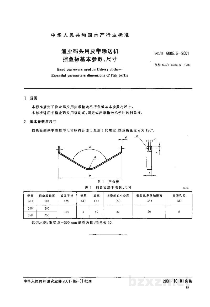 SC/T 6006.6-2001渔业码头用皮带输送机挡鱼板基本参数与尺寸 SC/T 6006.6-2001渔业码头用皮带输送机挡鱼板基本参数与尺寸