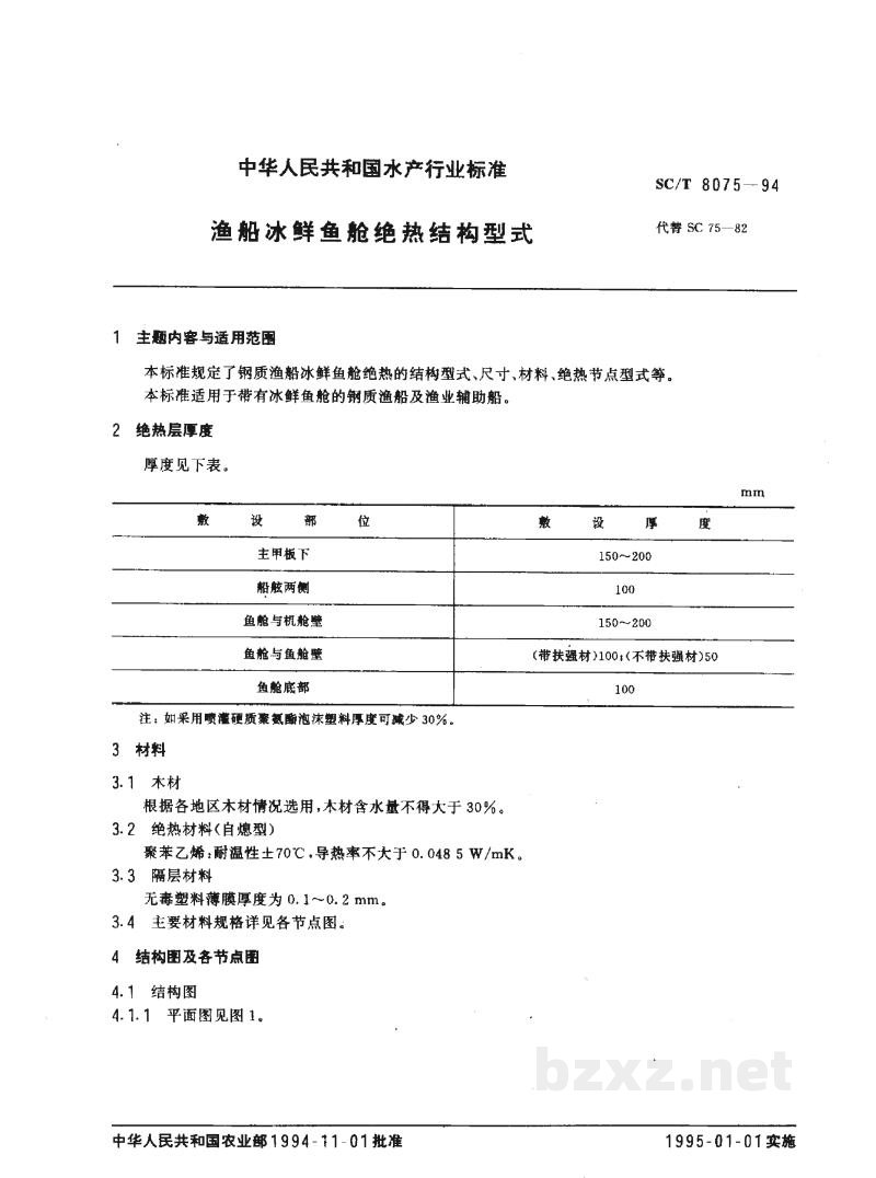 SC/T 8075-1994渔船冰鲜鱼舱绝热结构型式 SC/T 8075-1994渔船冰鲜鱼舱绝热结构型式