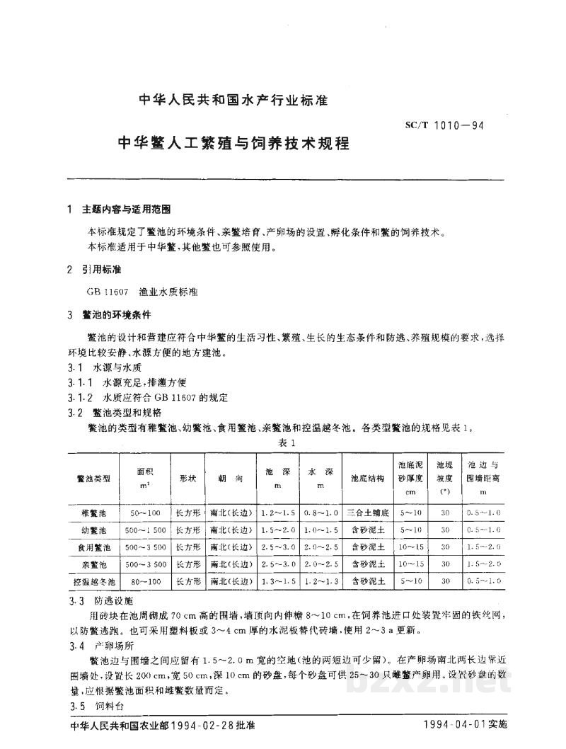SC/T 1010-1994中华鳖人工繁殖与饲养技术规程 SC/T 1010-1994中华鳖人工繁殖与饲养技术规程