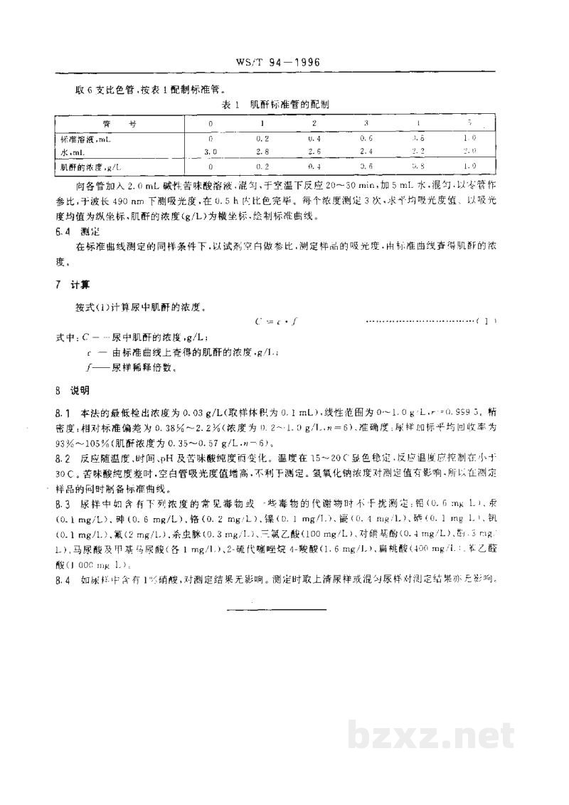 WS/T 97-1996尿中肌酐分光光度测定方法 WS/T 97-1996尿中肌酐分光光度测定方法