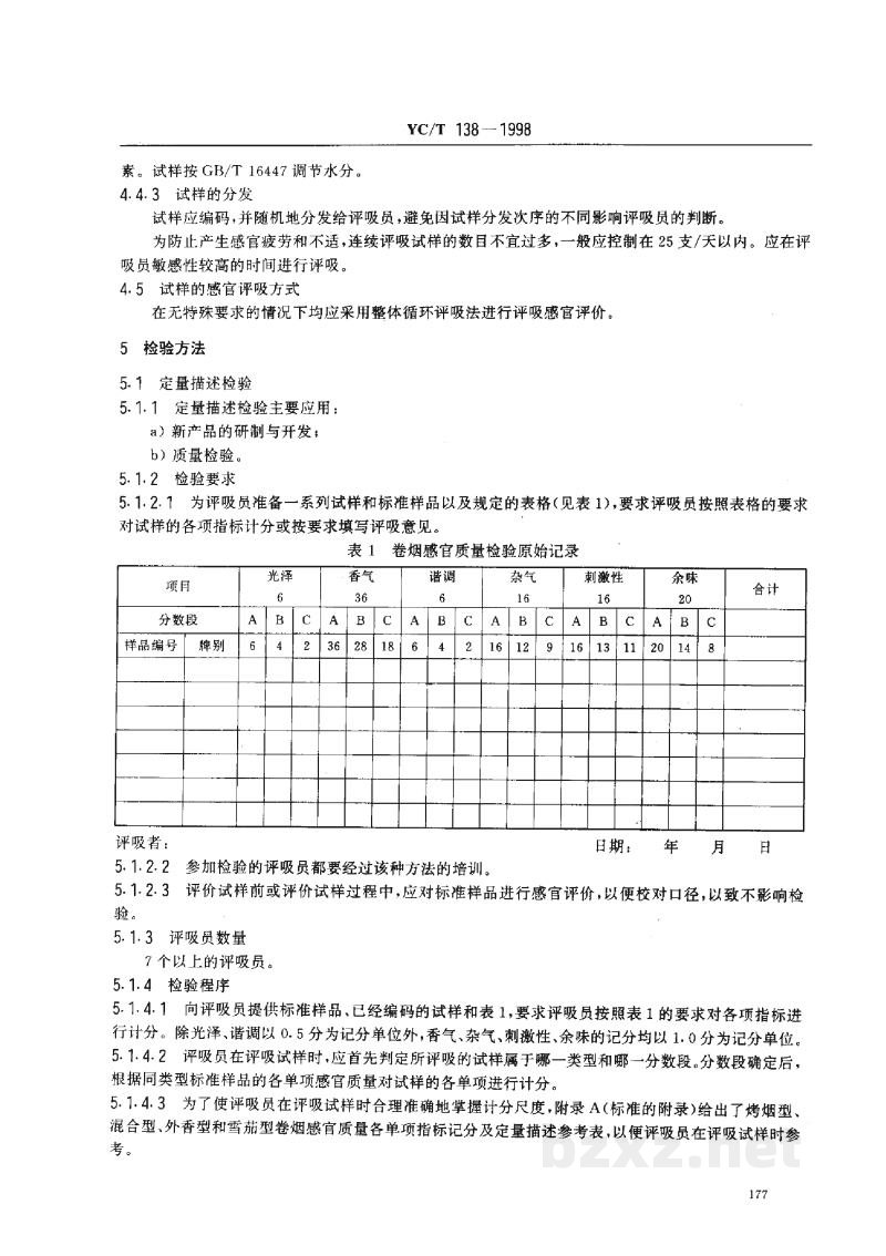 YC/T 138-1998烟草及烟草制品 感官评价方法 YC/T 138-1998烟草及烟草制品 感官评价方法