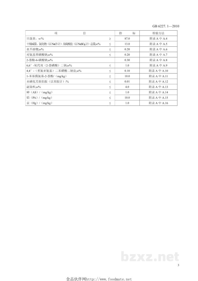 GB 6227.1-2010食品安全国家标准 食品添加剂 日落黄 GB 6227.1-2010食品安全国家标准 食品添加剂 日落黄