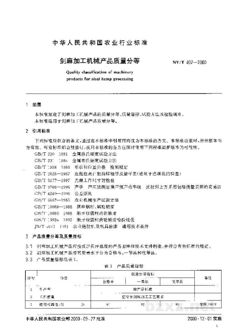 NY/T 407-2000剑麻加工机械产品质量分等 NY/T 407-2000剑麻加工机械产品质量分等