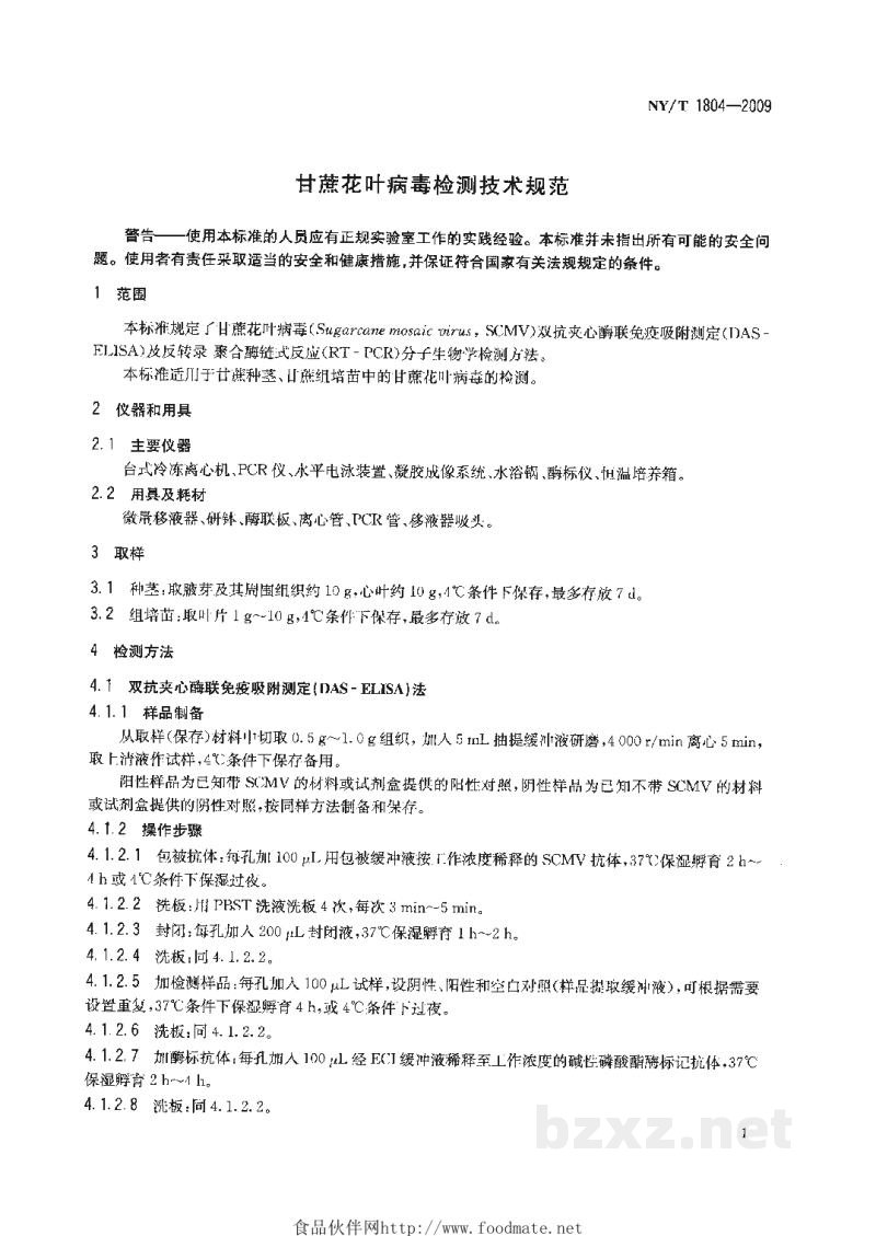 NY/T 1804-2009甘蔗花叶病毒检测技术规范 NY/T 1804-2009甘蔗花叶病毒检测技术规范
