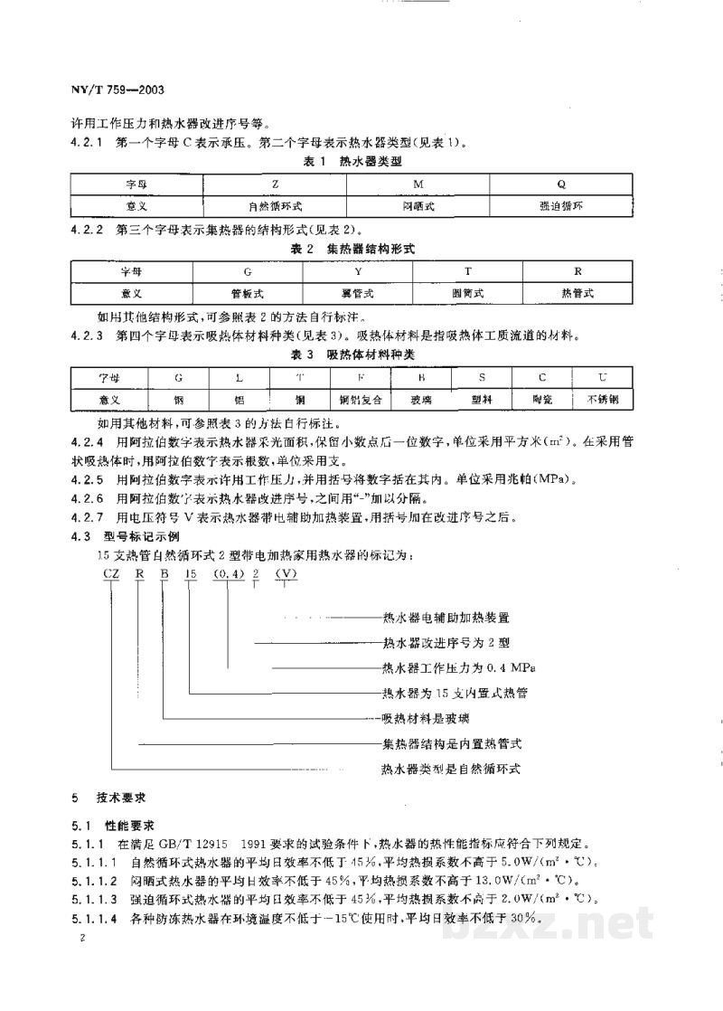 NY/T 759-2003承压式家用太阳热水器技术条件 NY/T 759-2003承压式家用太阳热水器技术条件