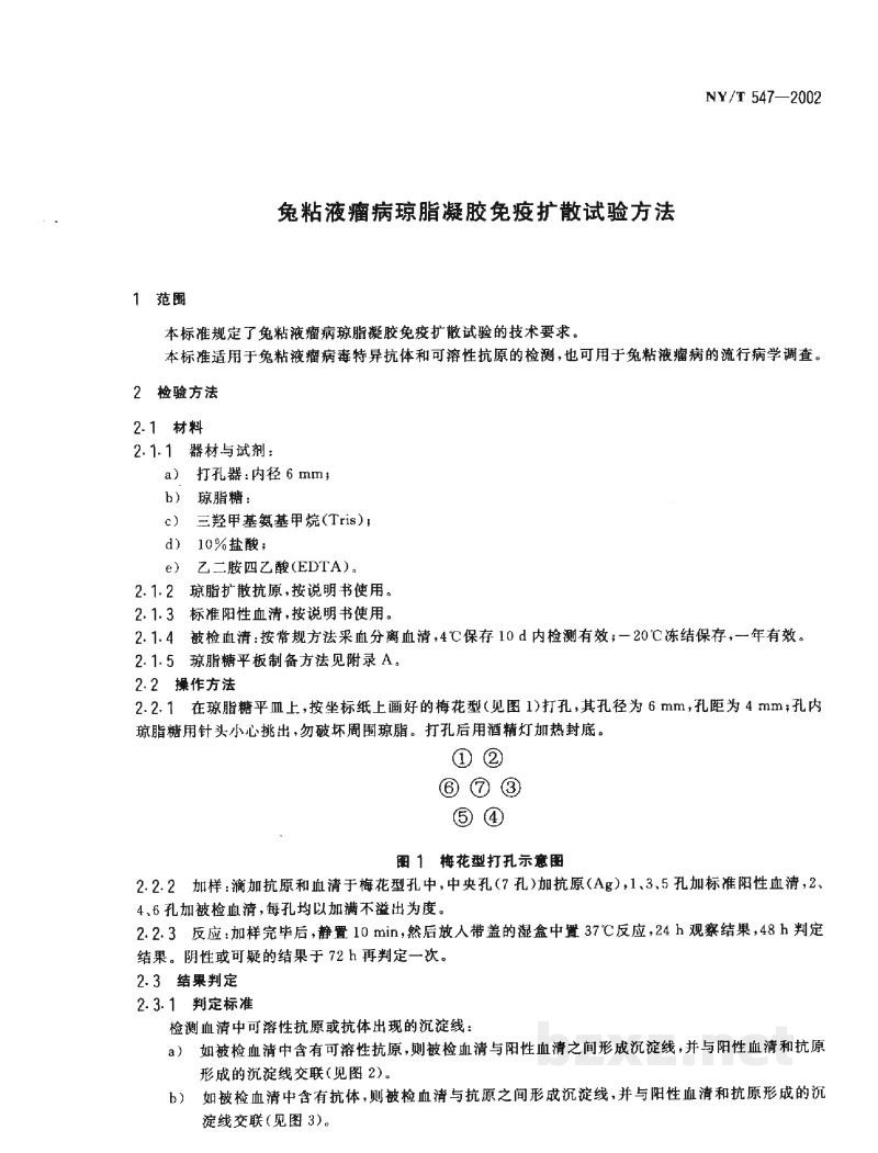 NY/T 547-2002兔粘液瘤病琼脂凝胶免疫扩散试验方法 NY/T 547-2002兔粘液瘤病琼脂凝胶免疫扩散试验方法