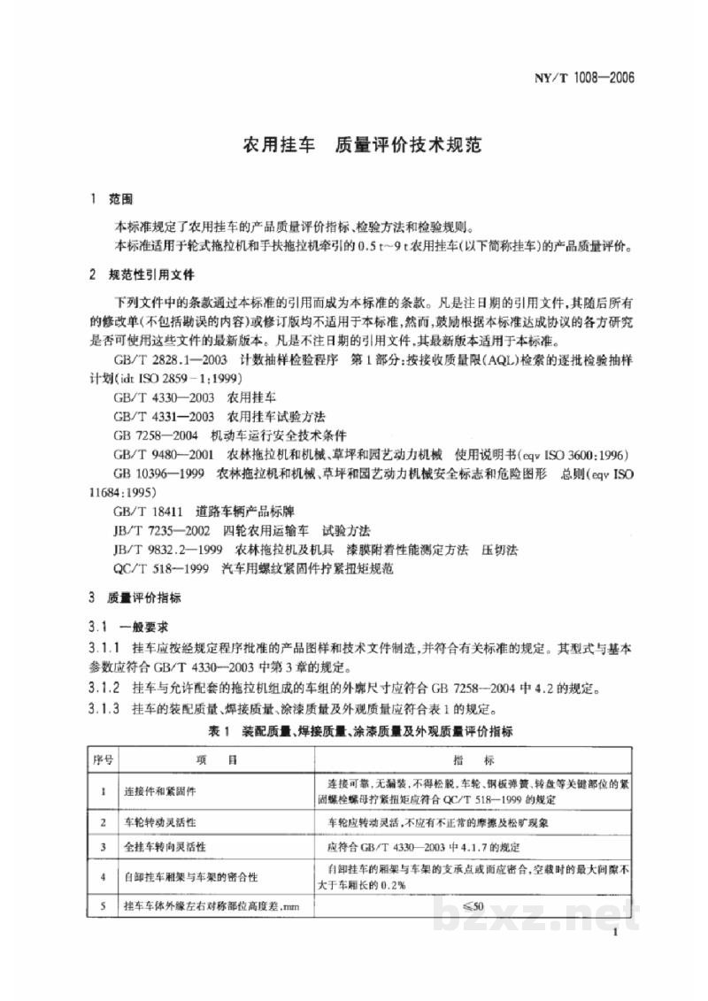 NY/T 1008-2006农用挂车质量评价技术规范 NY/T 1008-2006农用挂车质量评价技术规范
