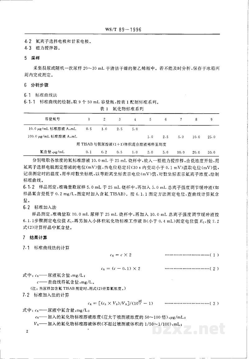 WS/T 89-1996尿中氟化物的测定 离子选择电极法 WS/T 89-1996尿中氟化物的测定 离子选择电极法
