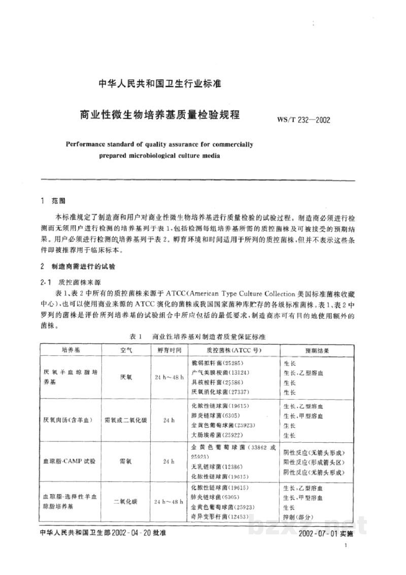 WS/T 232-2002商业性微生物培养基质量检验规程 WS/T 232-2002商业性微生物培养基质量检验规程