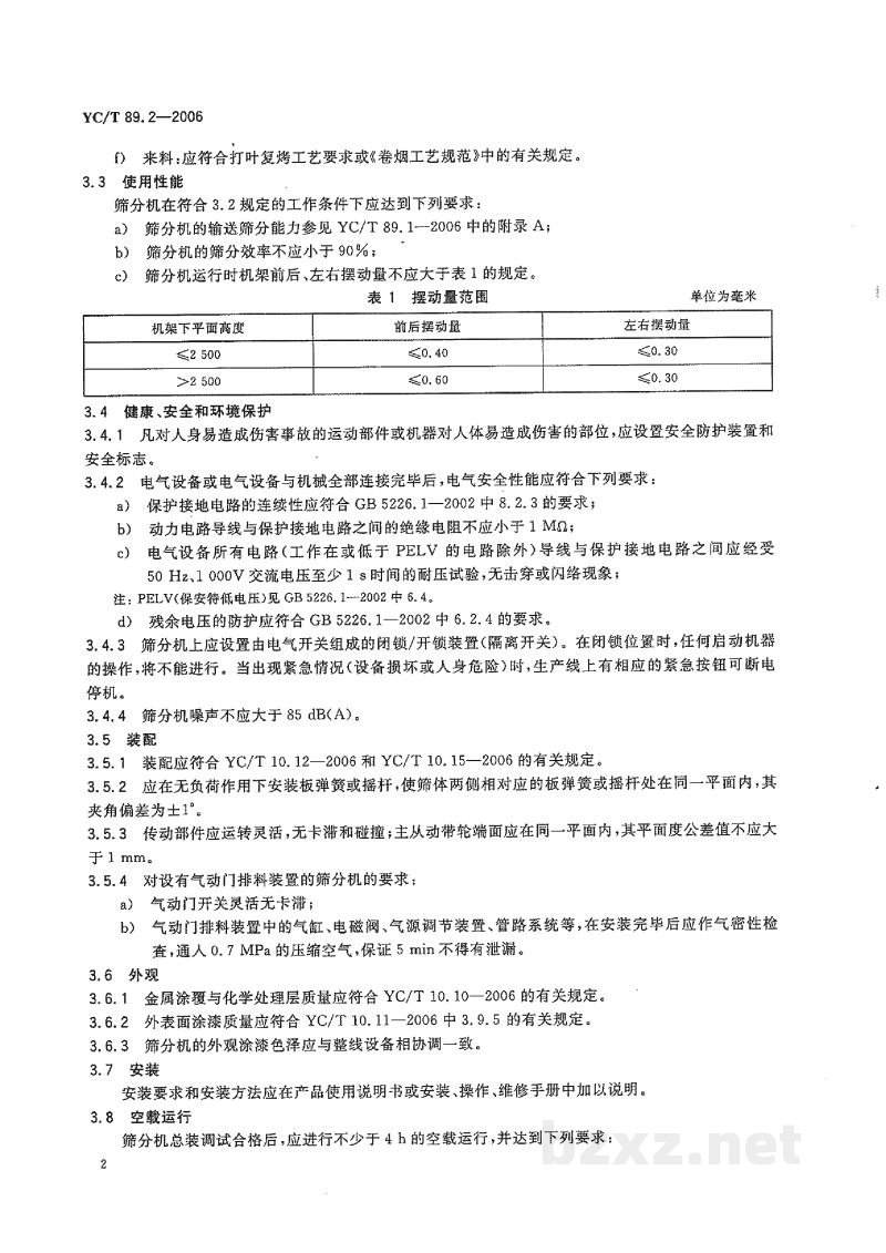 YC/T 89.2-2006烟草机械 振动式筛分机 第2部分:技术条件 YC/T 89.2-2006烟草机械 振动式筛分机 第2部分:技术条件