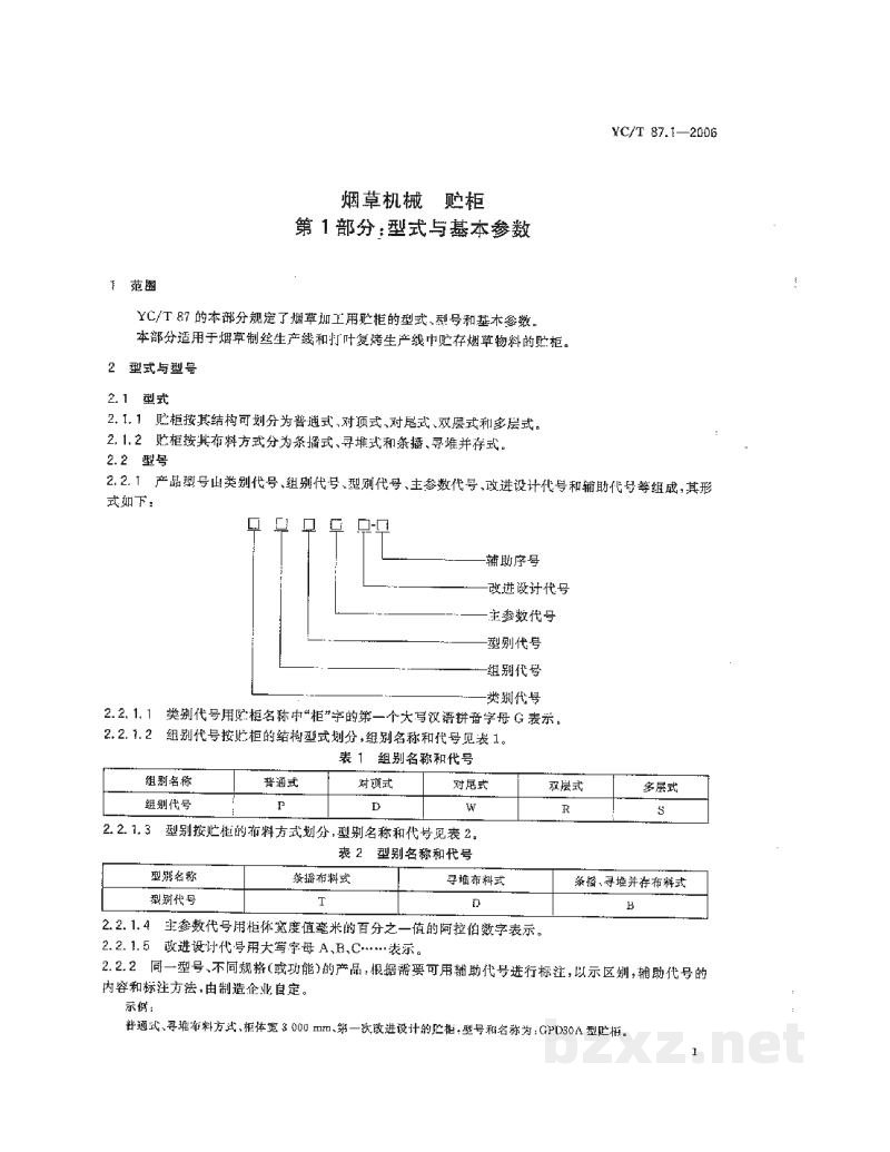 YC/T 87.1-2006烟草机械 贮柜 第1部分:型式与基本参数 YC/T 87.1-2006烟草机械 贮柜 第1部分:型式与基本参数