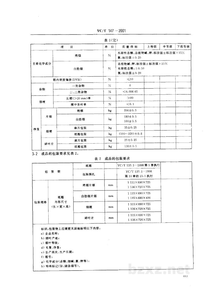 YC/T 147-2001打叶烟叶 质量检验 YC/T 147-2001打叶烟叶 质量检验
