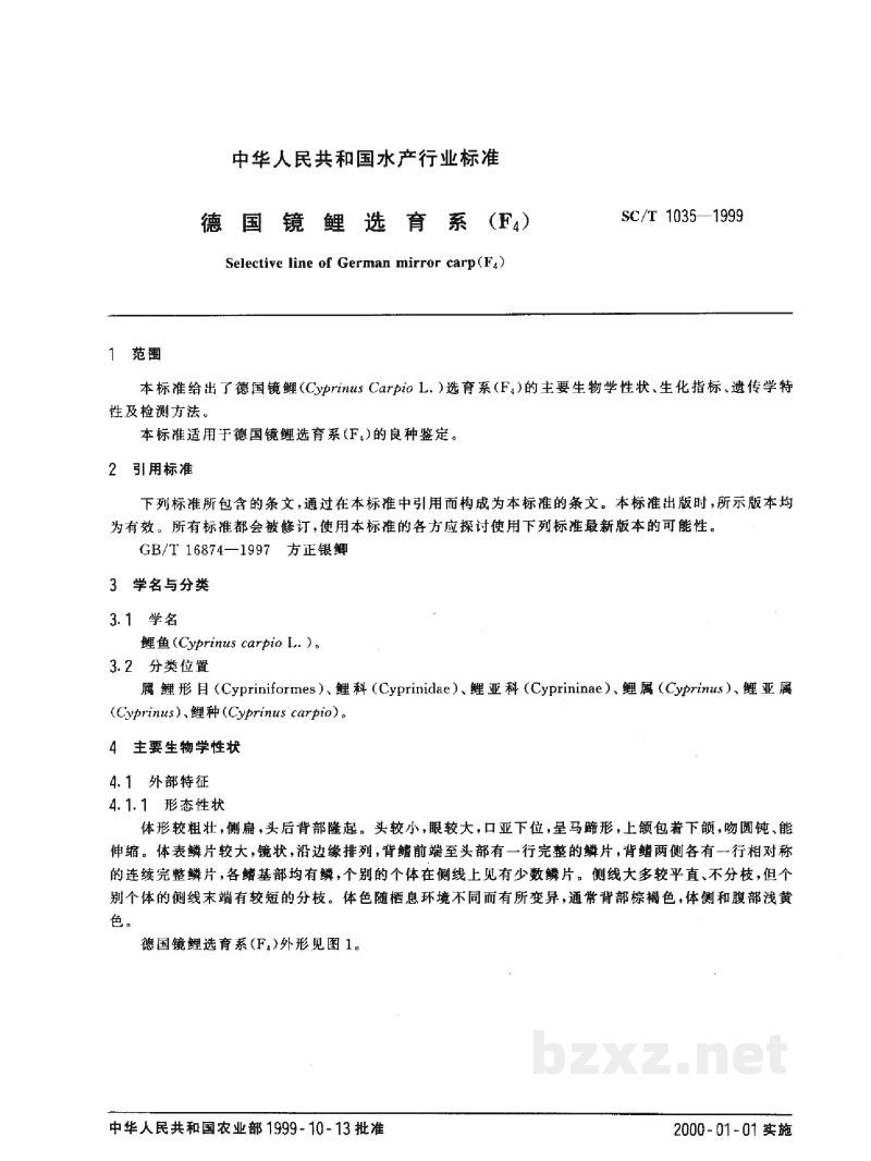SC/T 1035-1999德国镜鲤选育系(F4) SC/T 1035-1999德国镜鲤选育系(F4)