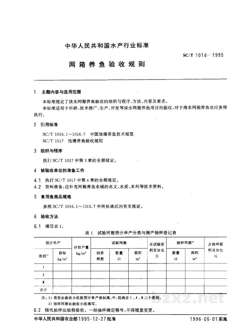 SC/T 1018-1995网箱养鱼验收规则 SC/T 1018-1995网箱养鱼验收规则