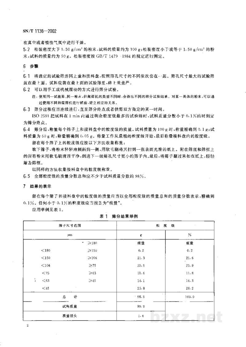 SN/T 1138-2002进出口金属粉末粒度组成的干筛分试验法 SN/T 1138-2002进出口金属粉末粒度组成的干筛分试验法