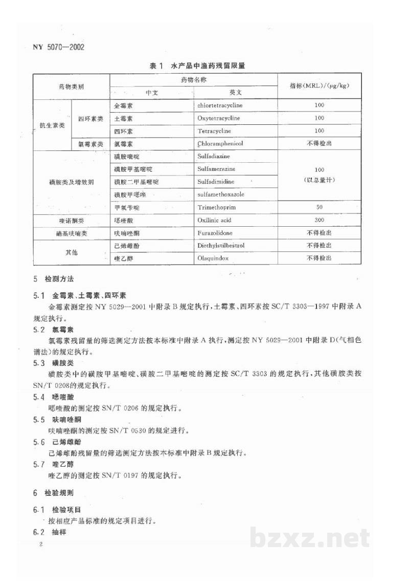 NY 5070-2002无公害食品 水产品中渔药残留限量 NY 5070-2002无公害食品 水产品中渔药残留限量