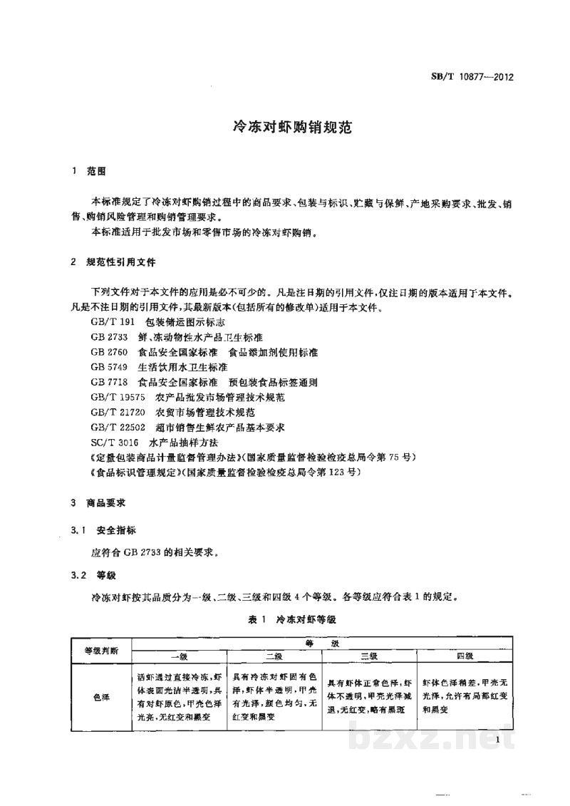 SB/T 10877-2012冷冻对虾购销规范 SB/T 10877-2012冷冻对虾购销规范