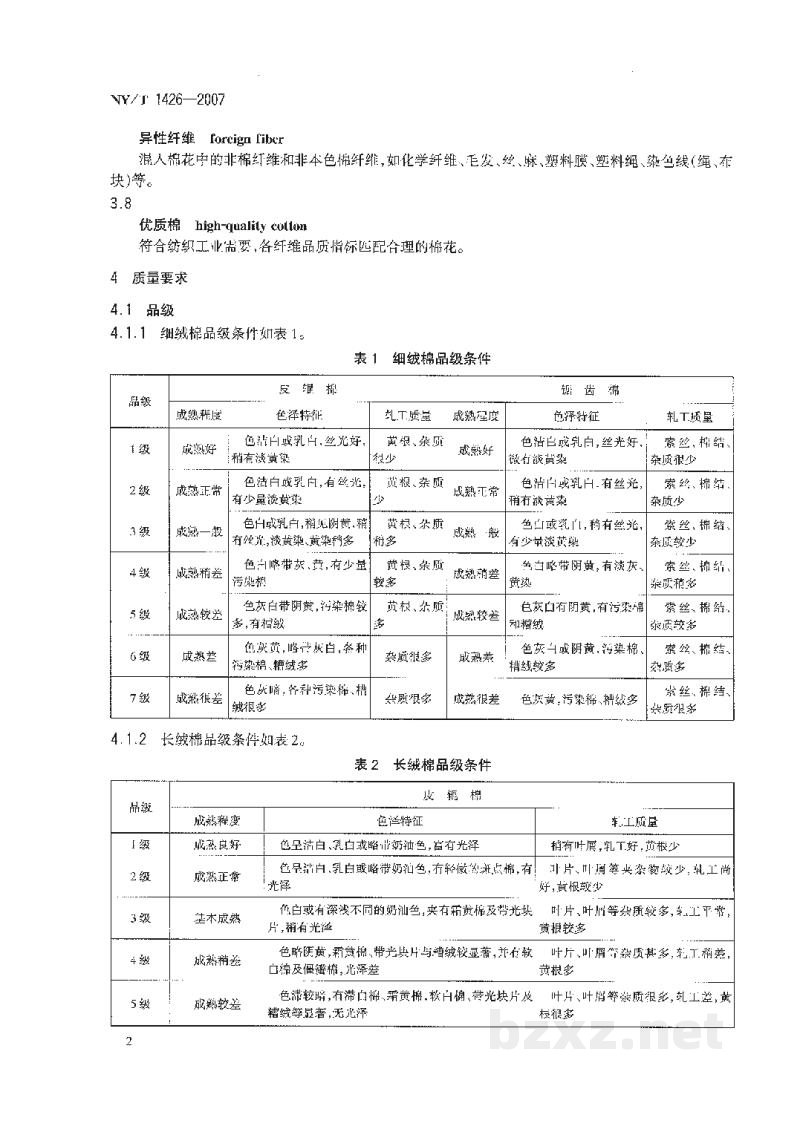 NY/T 1426-2007棉花纤维品质评价方法 NY/T 1426-2007棉花纤维品质评价方法