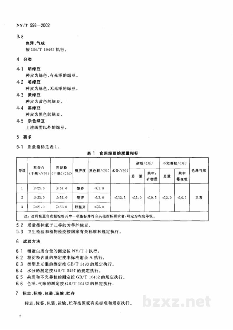 NY/T 598-2002食用绿豆 NY/T 598-2002食用绿豆