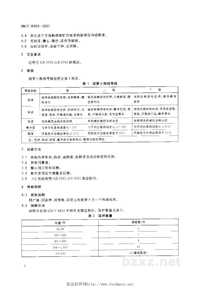SB/T 10450-2007胡萝卜购销等级要求 SB/T 10450-2007胡萝卜购销等级要求