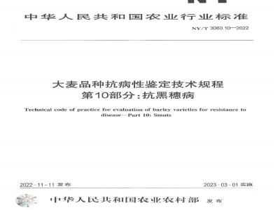 NY/T 3060.10-2022大麦品种抗病性鉴定技术规程第10部分：抗黑穗病