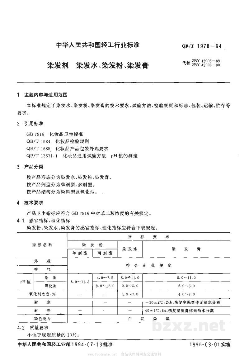 QB/T 1978-1994染发剂、染发水、染发粉、染发膏 QB/T 1978-1994染发剂、染发水、染发粉、染发膏