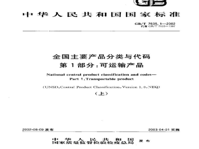 GB/T 7635.1-2002全国主要产品分类与代码　第1部分：可运输产品