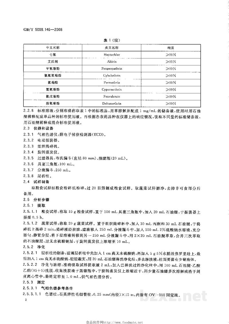 GB/T 5009.146-2008植物性食品中有机氯和拟除虫菊酯类农药多种残留量的测定 GB/T 5009.146-2008植物性食品中有机氯和拟除虫菊酯类农药多种残留量的测定