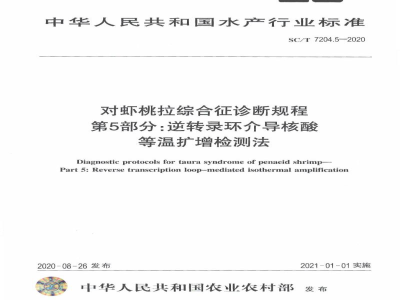SC/T 7204.5-2020对虾桃拉综合征诊断规程第5部分：逆转录环介导核酸等温扩增检测法