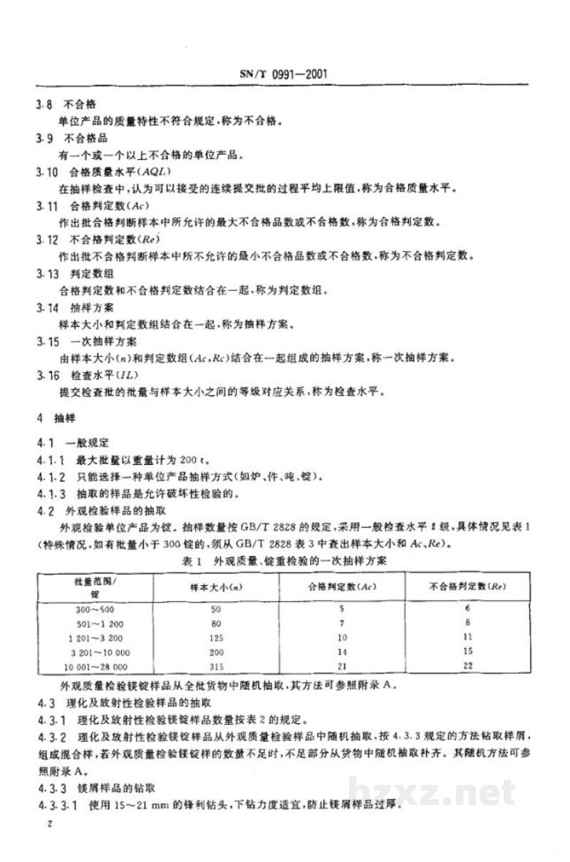 SN/T 0991-2001出口镁锭检验规程 SN/T 0991-2001出口镁锭检验规程