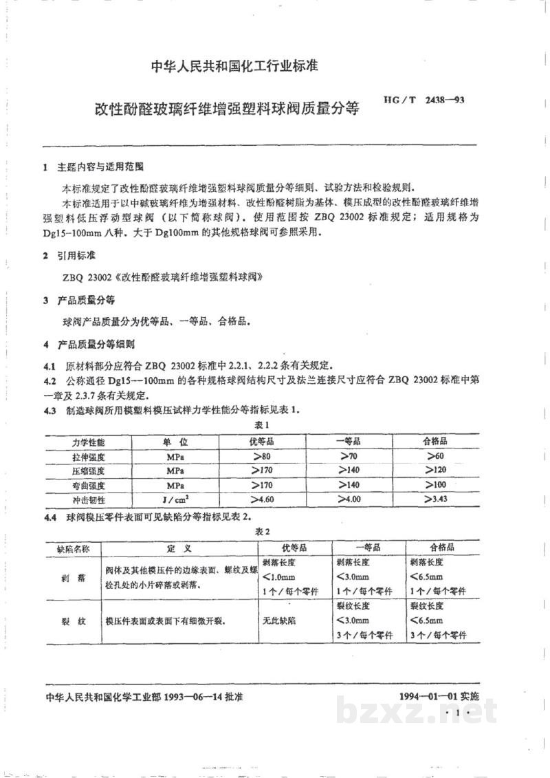 HG/T 2438-1993改性酚醛玻璃纤维增强塑料球阀质量分等 HG/T 2438-1993改性酚醛玻璃纤维增强塑料球阀质量分等