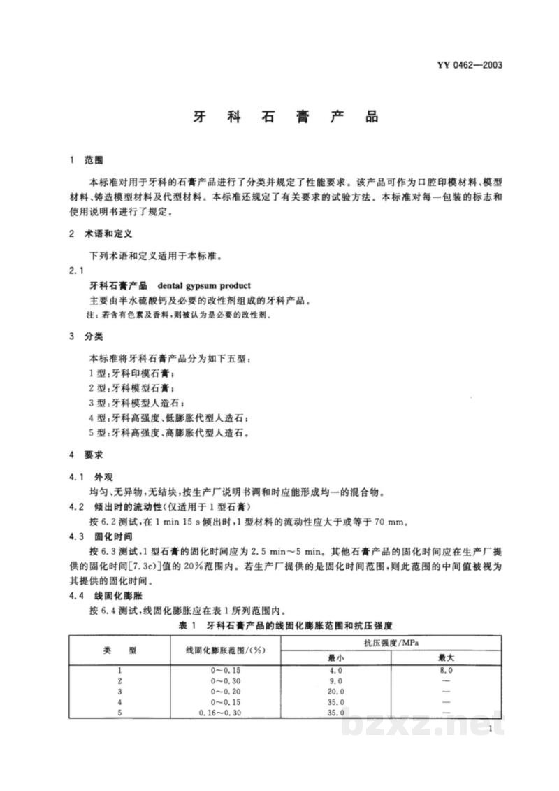 YY 0462-2003牙科石膏产品 YY 0462-2003牙科石膏产品
