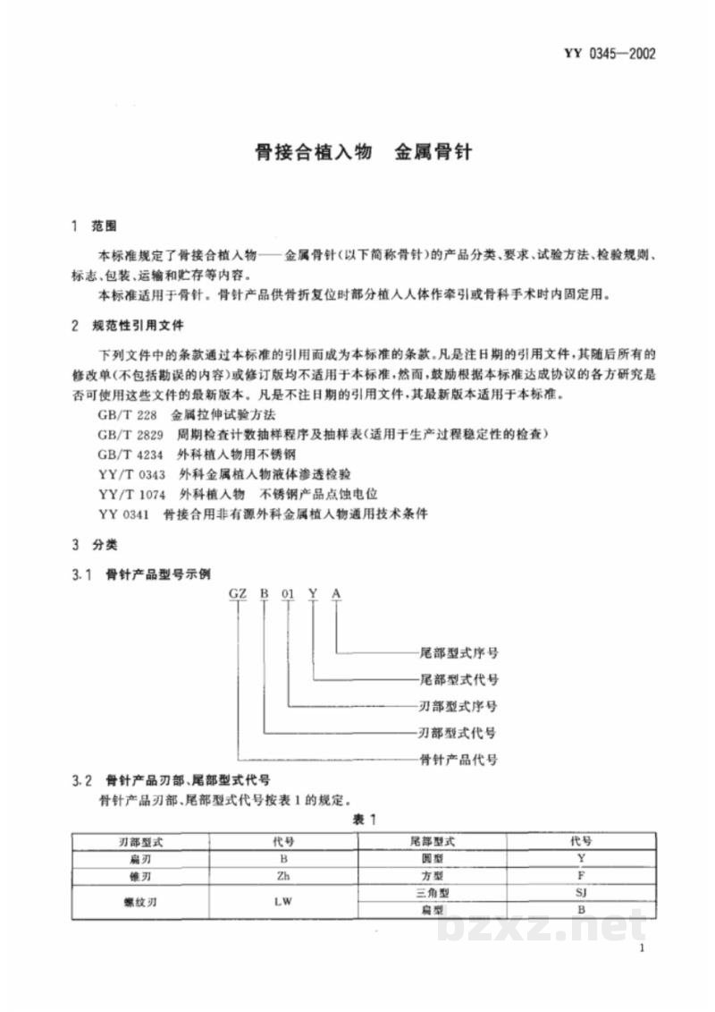 YY 0345-2002骨接合植入物 金属骨针 YY 0345-2002骨接合植入物 金属骨针