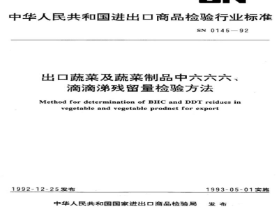 SN 0145-1992出口蔬菜及蔬菜制品中六六六、滴滴涕残留量检验方法