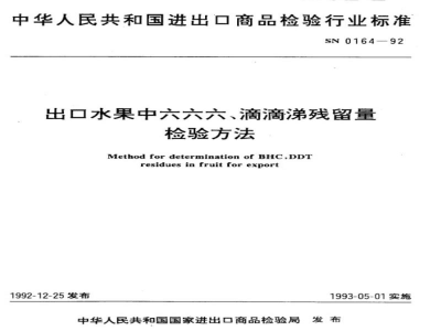 SN 0164-1992出口水果中六六六、滴滴涕残留量检验方法