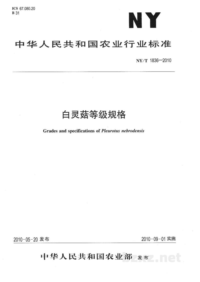 NY/T 1836-2010白灵菇等级规格 NY/T 1836-2010白灵菇等级规格