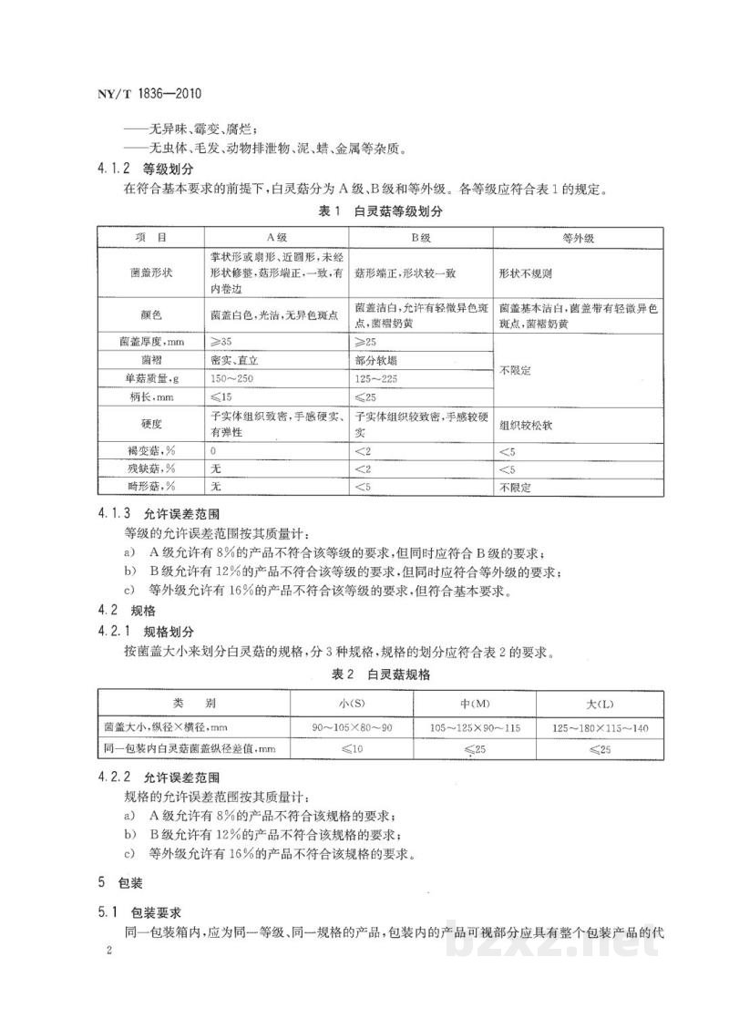 NY/T 1836-2010白灵菇等级规格 NY/T 1836-2010白灵菇等级规格
