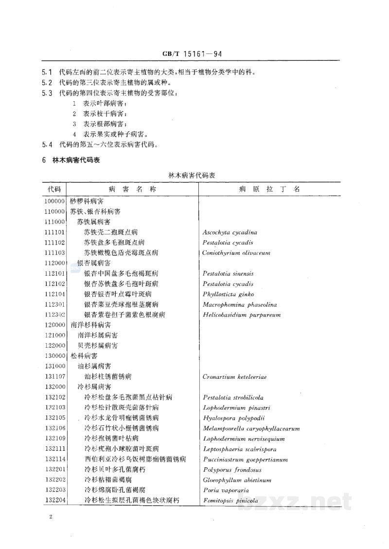 GB/T 15161-1994林业资源分类与代码 林木病害 