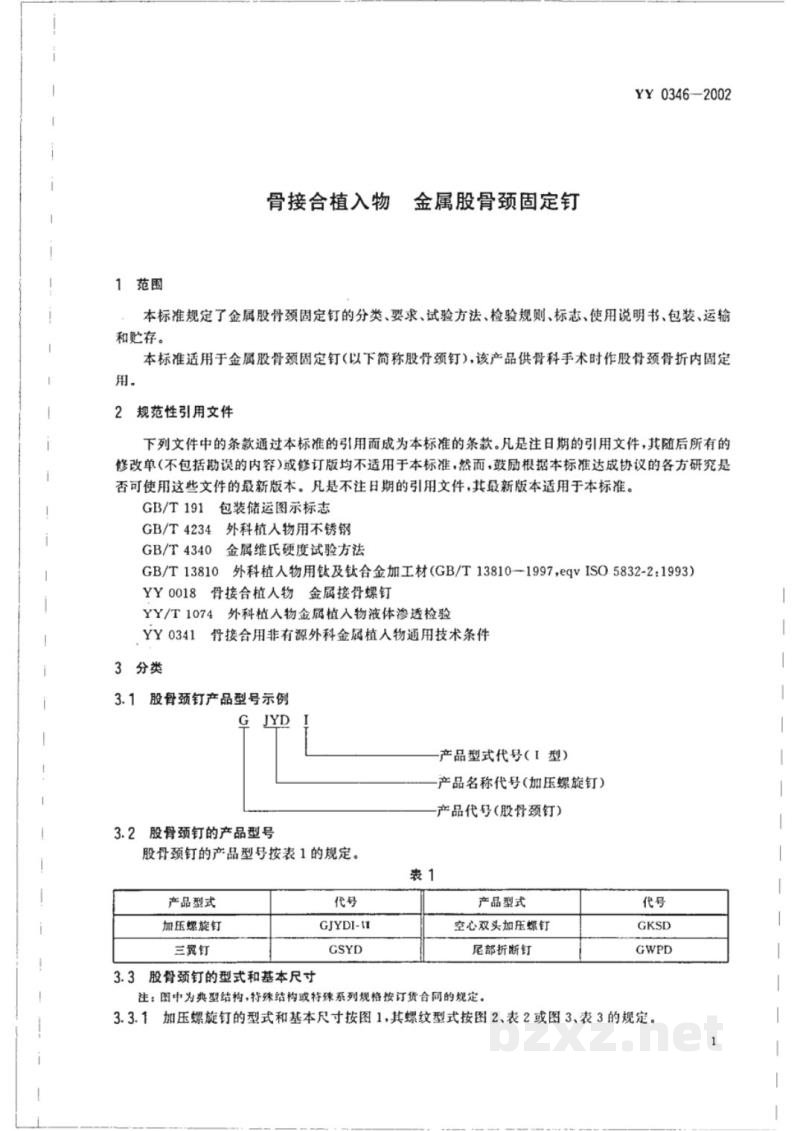 YY 0346-2002骨接合植入物 金属股骨颈固定钉 YY 0346-2002骨接合植入物 金属股骨颈固定钉