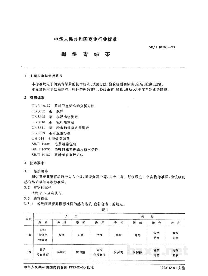 SB/T 10168-1993闽烘青绿茶 SB/T 10168-1993闽烘青绿茶