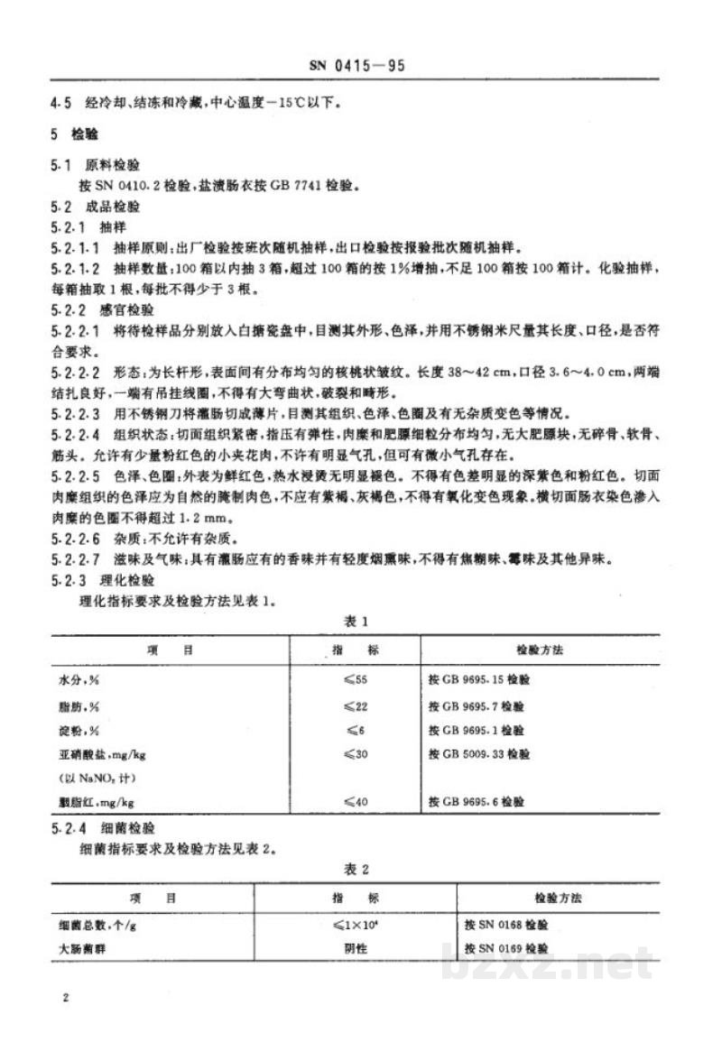 SN 0415-1995出口猪肉灌肠检验规程 