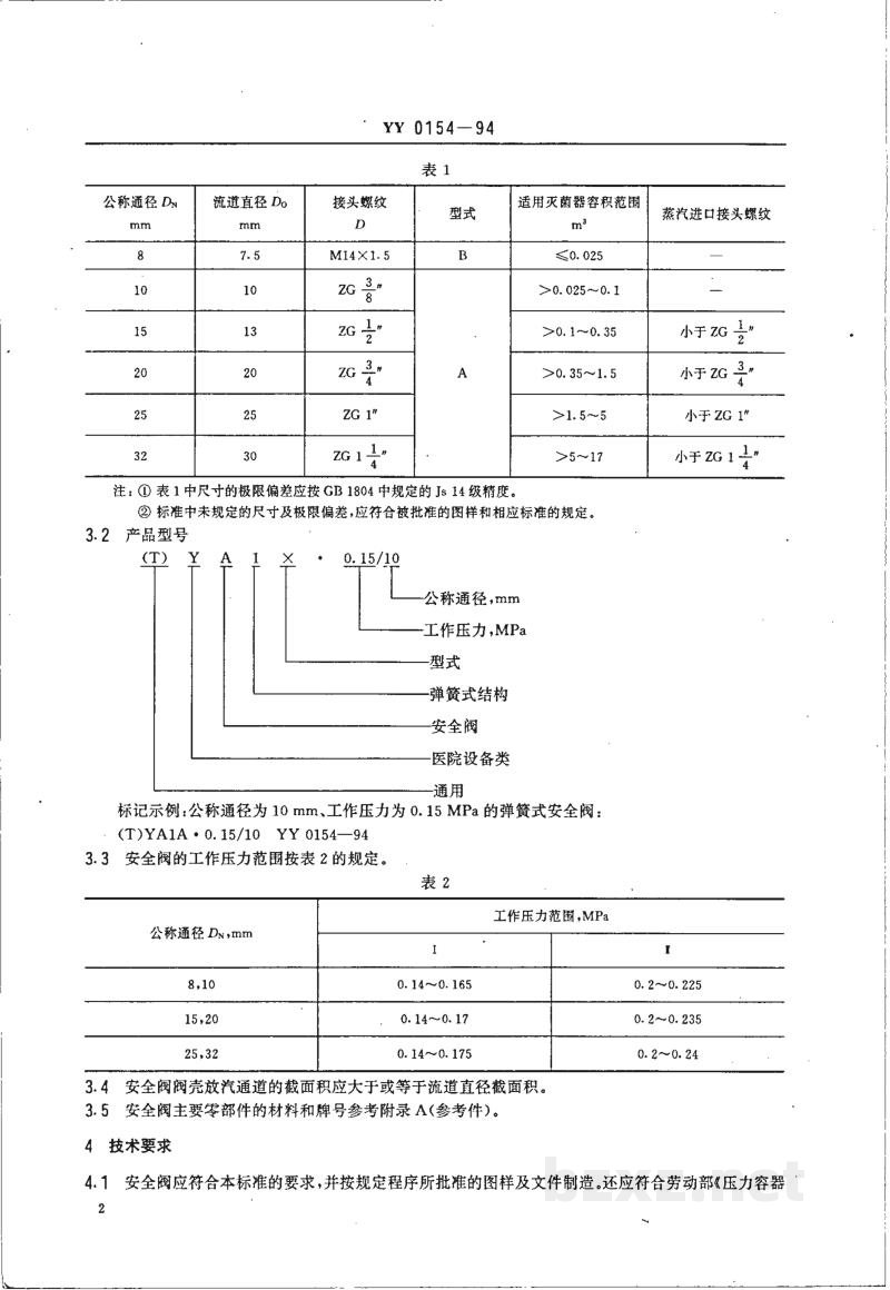 YY 0154-1994压力蒸汽灭菌设备用弹簧式安全阀 YY 0154-1994压力蒸汽灭菌设备用弹簧式安全阀