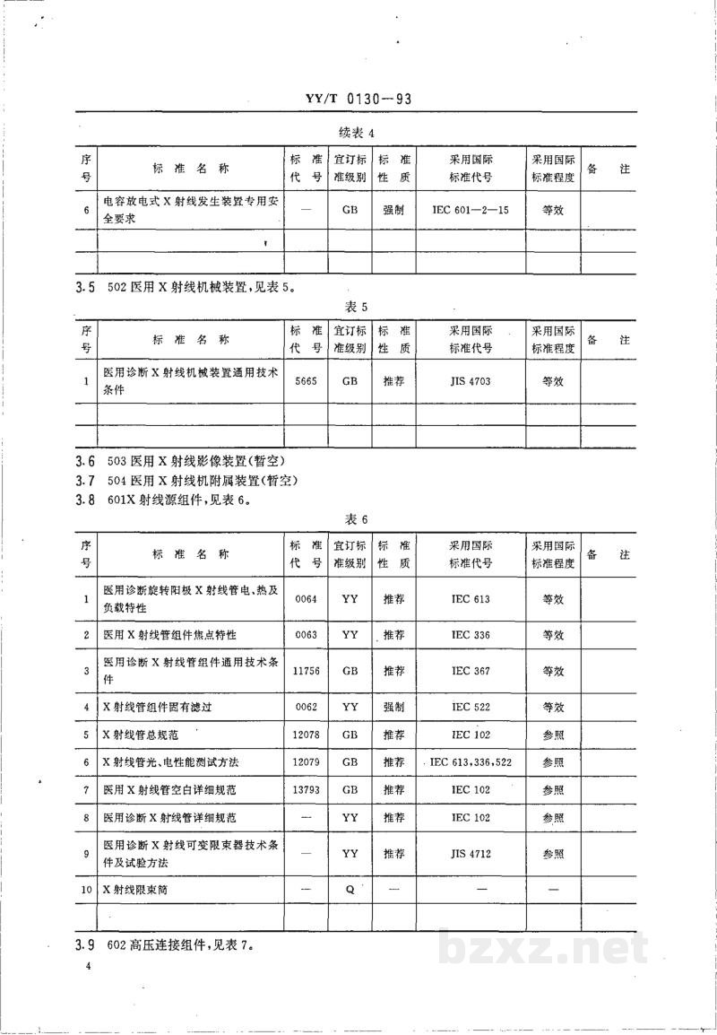 YY/T 0130-1993医用X射线设备及用具标准体系表 