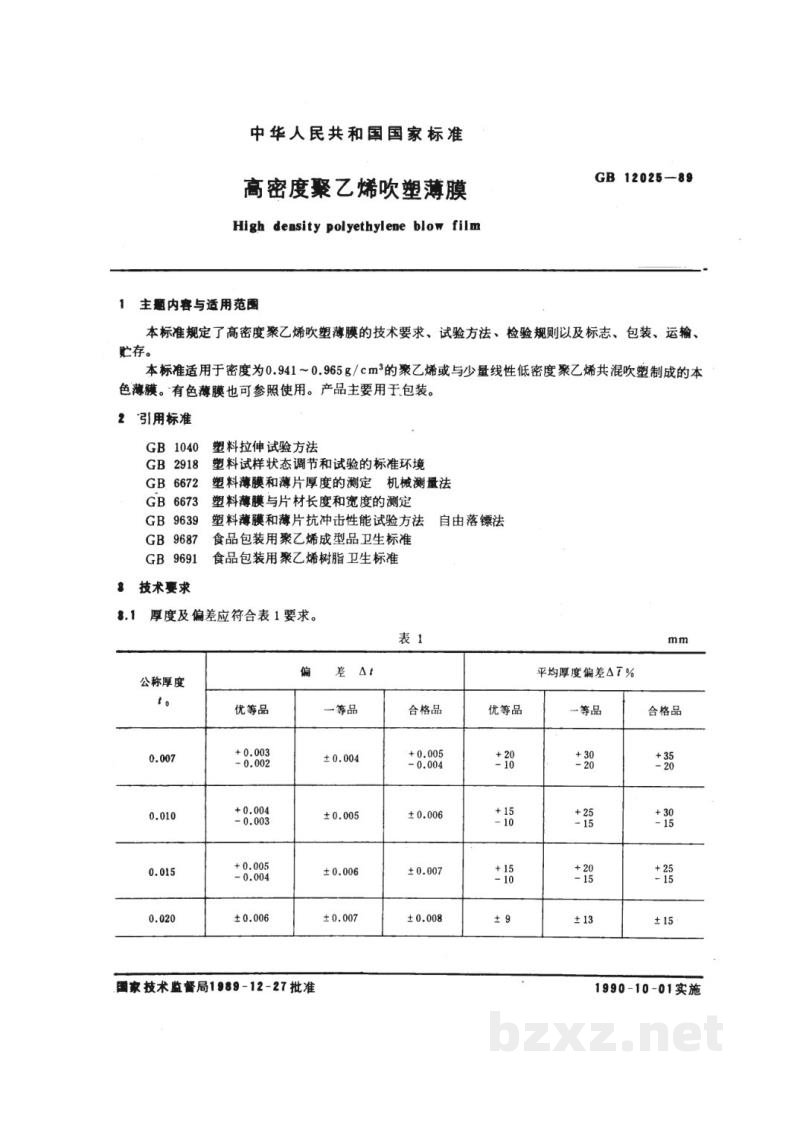 GB 12025-1989高密度聚乙烯吹塑薄膜 GB 12025-1989高密度聚乙烯吹塑薄膜
