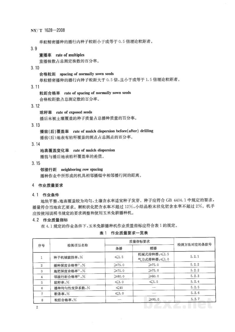 NY/T 1628-2008玉米免耕播种机作业质量 NY/T 1628-2008玉米免耕播种机作业质量