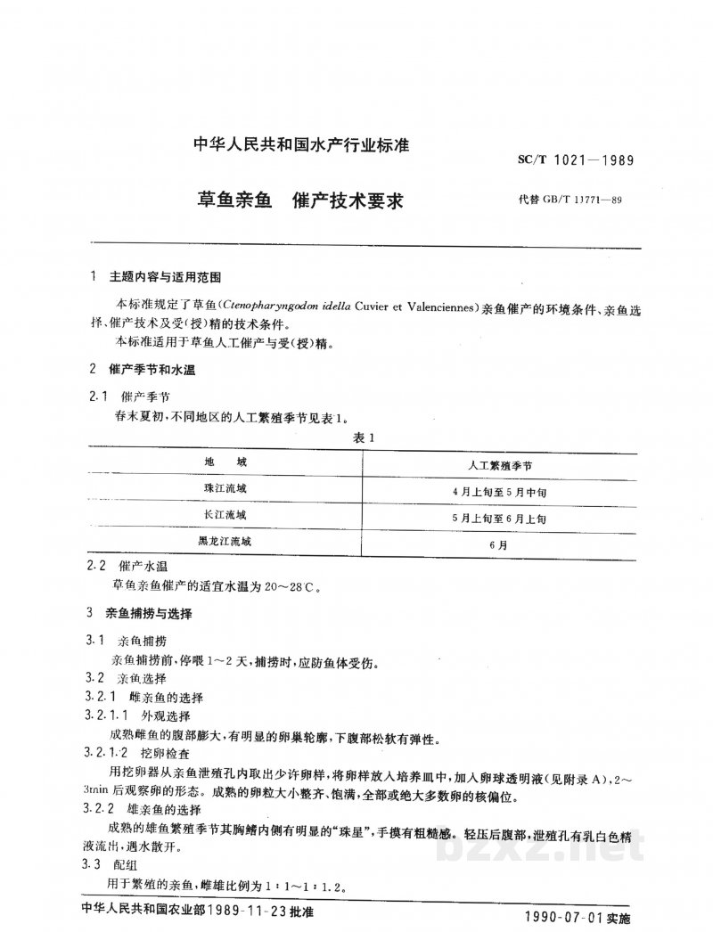 SC/T 1021-1989草鱼亲鱼催产技术要求 SC/T 1021-1989草鱼亲鱼催产技术要求