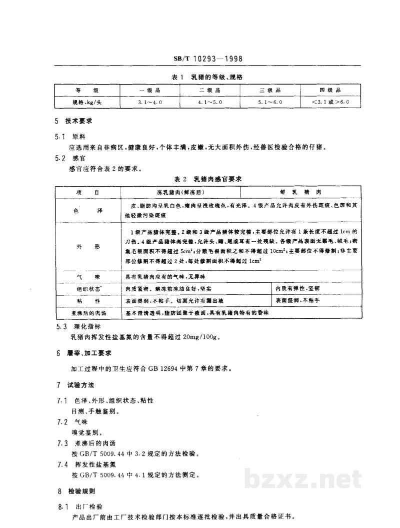 SB/T 10293-1998乳猪肉 SB/T 10293-1998乳猪肉